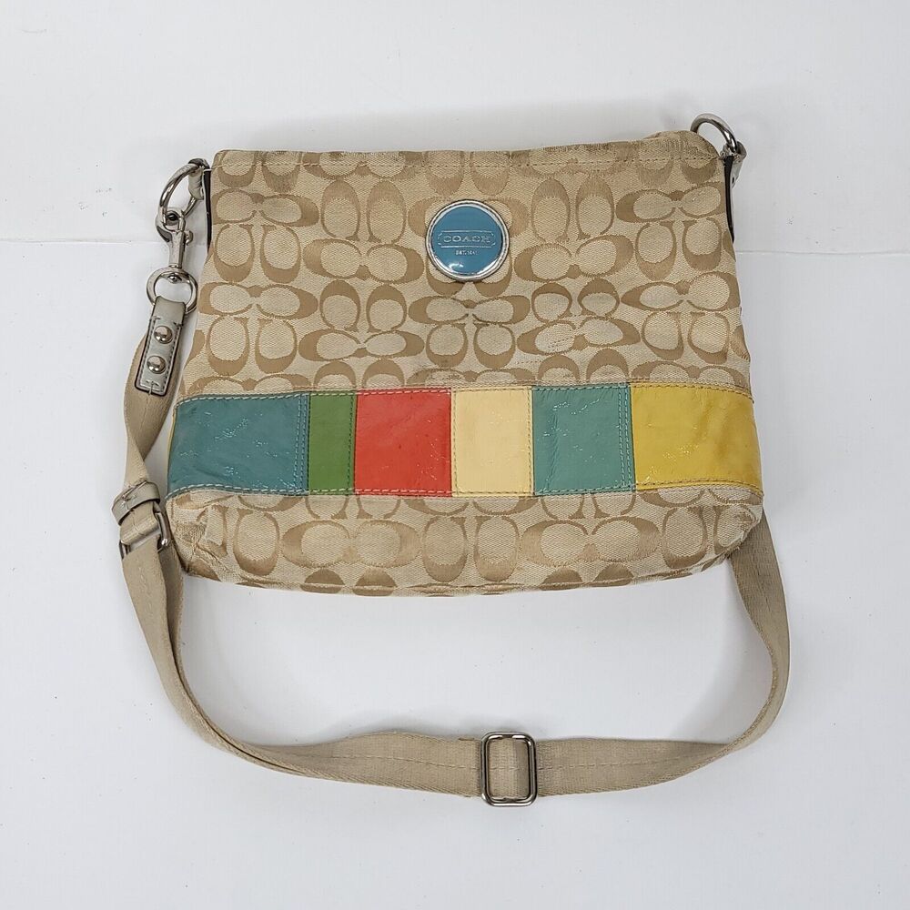 Coach Crossbody Bag Vintage Signature C Canvas Leather Logo Purse Rainbow Sling